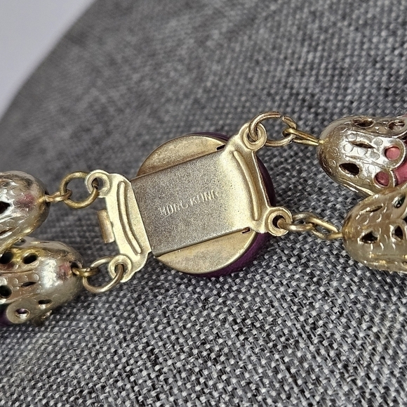 VINTAGE Plastic Beaded Burgundy & Green Twisted Box Clasp Necklace Hong Kong - Picture 5 of 6